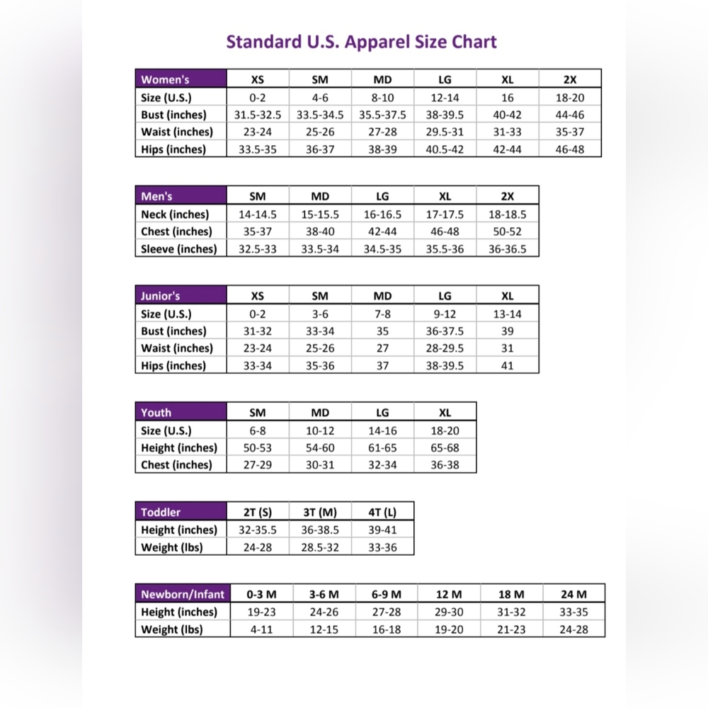 STANDARD US SIZE CHART